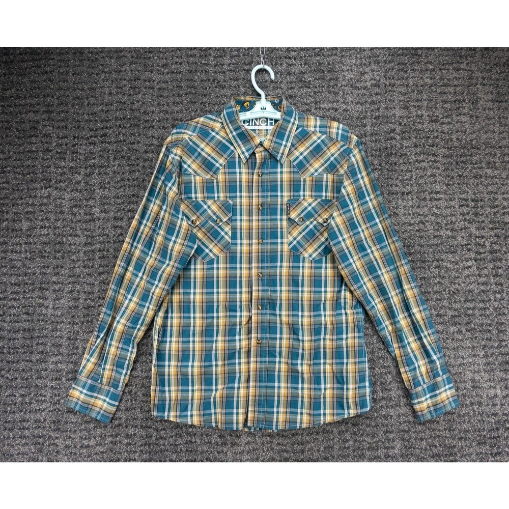 Cinch Shirt Mens Small Blue Yellow Plaid Modern Fit Pearl Snap Western Cowboy